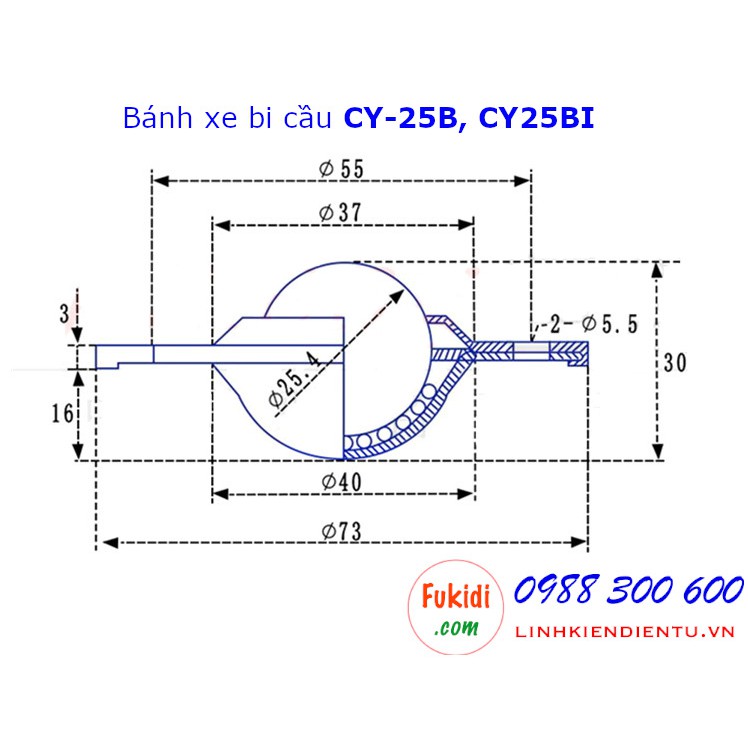 Bánh xe bi cầu inox 304, Ø25mm CY-25B tải trọng 35kg - CY25BI