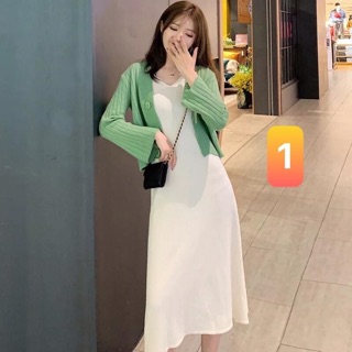 0.7KG combo Set váy len 2 dây + áo khoác cadigan thu đông 2020 cho nữ