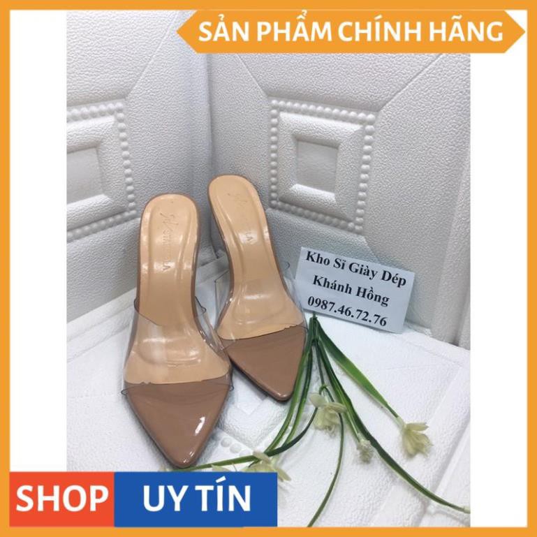 Guốc (dép) nữ cao gót mũi nhọn quai ngang mica mềm trong suốt gót nhọn cao 9p [m6]