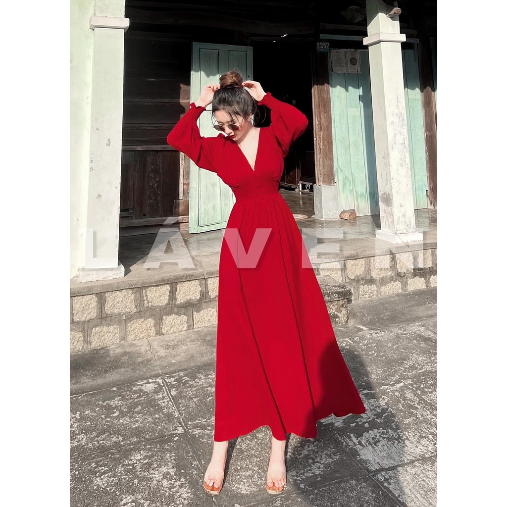 Đầm váy maxi đi biển cổ V nhún eo sang chảnh, 2 màu sắc (Trắng, Đỏ) giúp nàng nổi bật.