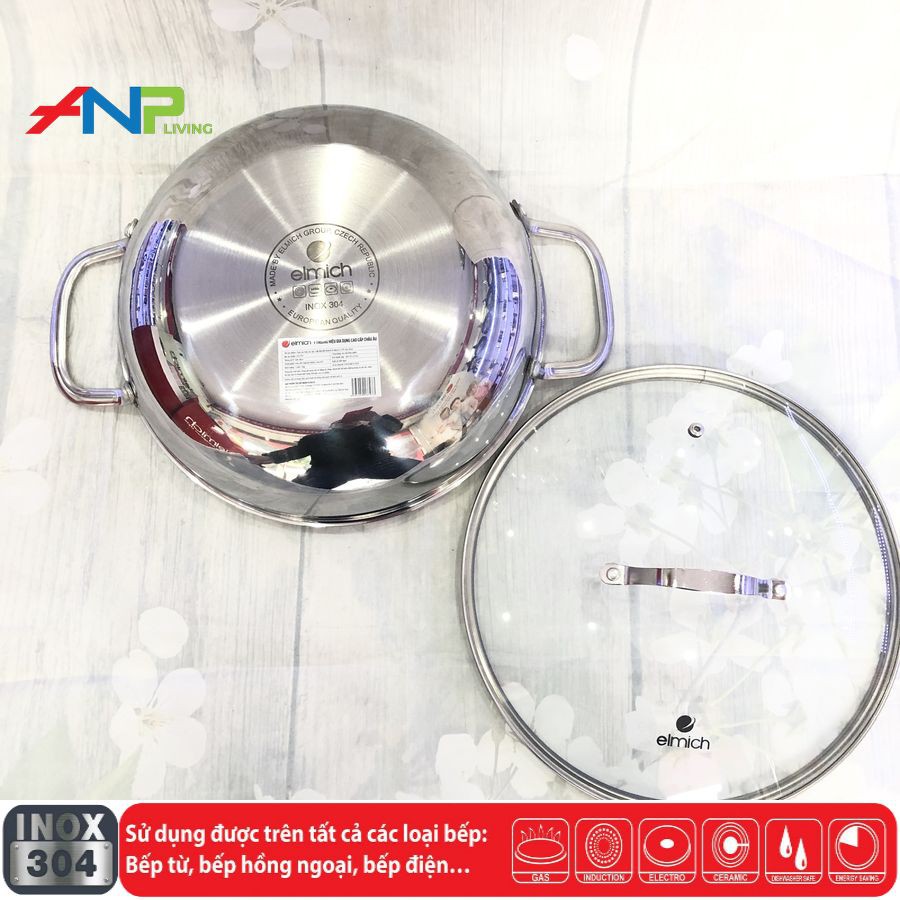 Chảo Xào Sâu Lòng Kiêm Nồi Lẩu 5 Đáy inox 304 Elmich EL-3255 (Size 32cm - Dùng Được Trên Mọi Loại Bếp) - Hàng Chính Hãng