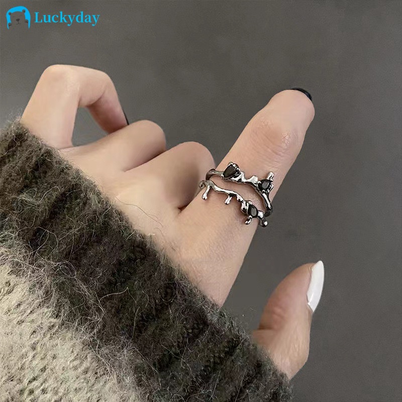 Nhẫn Hở Màu Bạc Hình Cành Hoa Đính Đá Zircon Đen Cổ Điển Có Thể Điều Chỉnh Thời Trang Cho Nữ