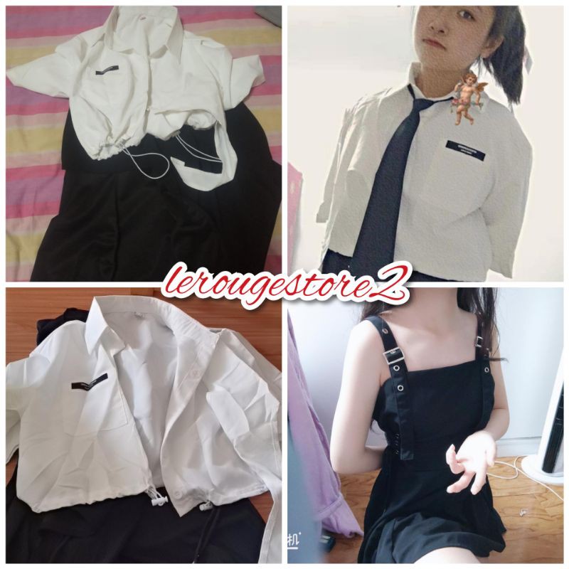 Set đồ nữ thời trang mẫu mới váy hai dây tà lệch cá tính đen + áo sơ mi trắng nữ không kèm cà vạt