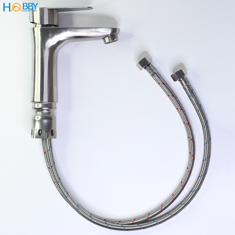 Vòi chậu rửa mặt lavabo nóng lạnh gắn chậu Hobby Home Decor VRM2 inox 304 không rỉ kèm dây cấp nóng lạnh