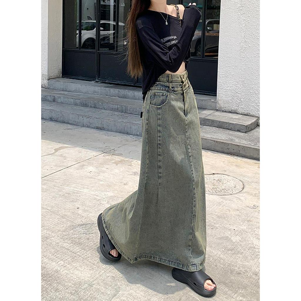 Chân Váy Denim Dài Dáng Chữ A Lưng Cao Phong Cách Retro Thời Trang Mùa Thu Hàng Mới Dành Cho Bạn Nữ 668