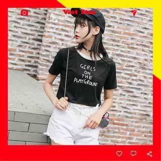 [Sale Mid Year Áo croptop form rộng tay ngắn cổ tròn Girl On, chất thun cotton