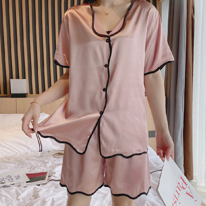Bộ Đồ Ngủ Ngắn Tay Bằng Lụa Satin Phong Cách Hàn Quốc Cho Nữ