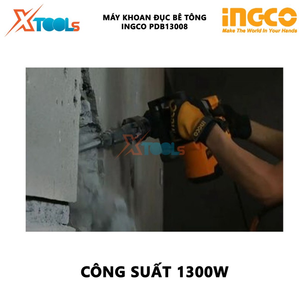 Máy đục bê tông INGCO PDB13008 | Máy khoan đục 220-240V~50-60Hz, công suất 1300W, tốc độ dập 3800bmp, lực đập 20j, đục p