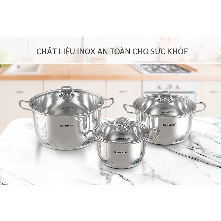 Bộ 3 nồi Inox 304 Sunhouse 5 đáy Chính hãng, chống dính bếp từ SHG788  dùng được bếp ga - HAPOS OFFICIAL