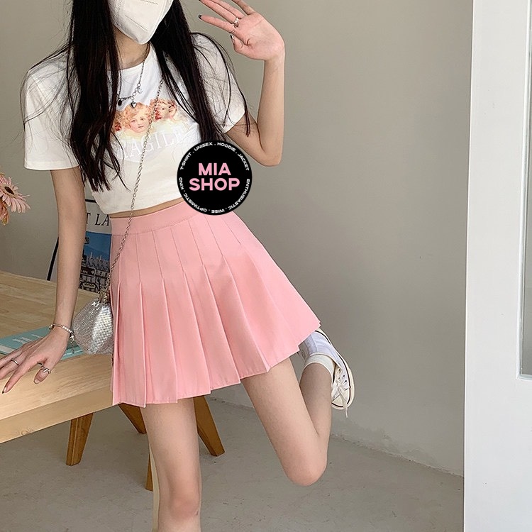 Chân váy xếp ly MIA, Chân váy tennis dáng ngắn xòe chữ A lưng cao, màu hồng pastel, có bigsize