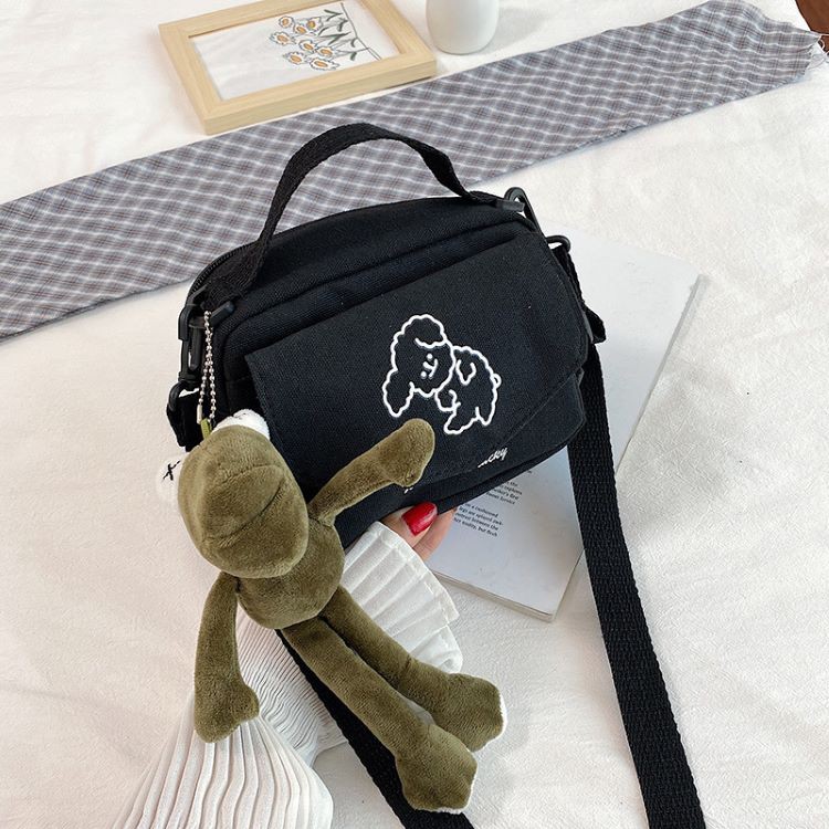 Túi tote đeo chéo vải canvas thêu hình chú cún dễ thương phong cách Nhật Bản