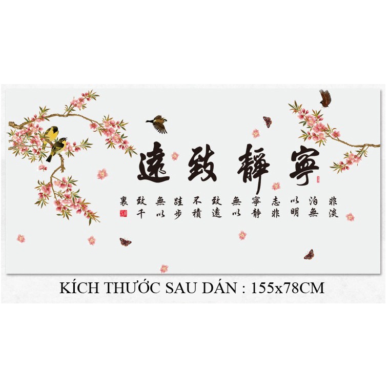 Tranh dán tường 3D - Hoa điểu và thư pháp NINH TĨNH TRÍ VIỄN KT 155x78cm, Decal trang trí phòng