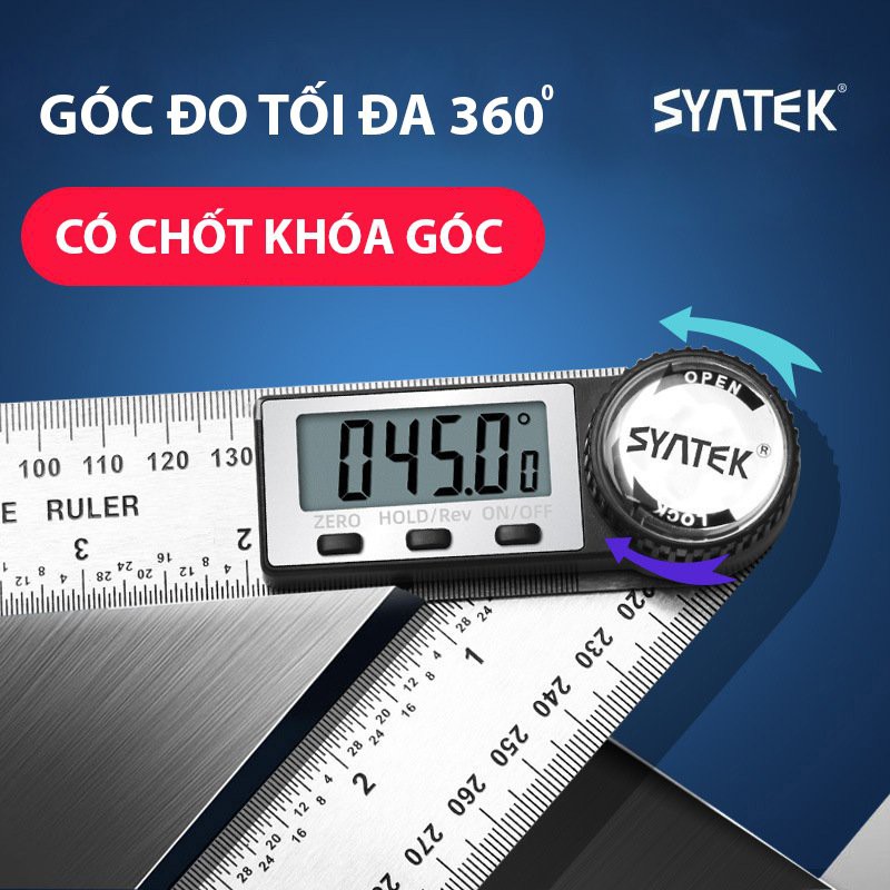 Thước đo góc điện tử 200mm Syntek, đo góc nghiêng thép không rỉ