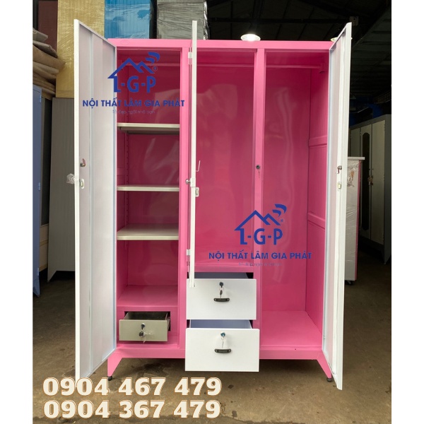 Tủ sắt sơn tĩnh điện tủ áo quần 3 cánh 1m2x1m8 màu hồng