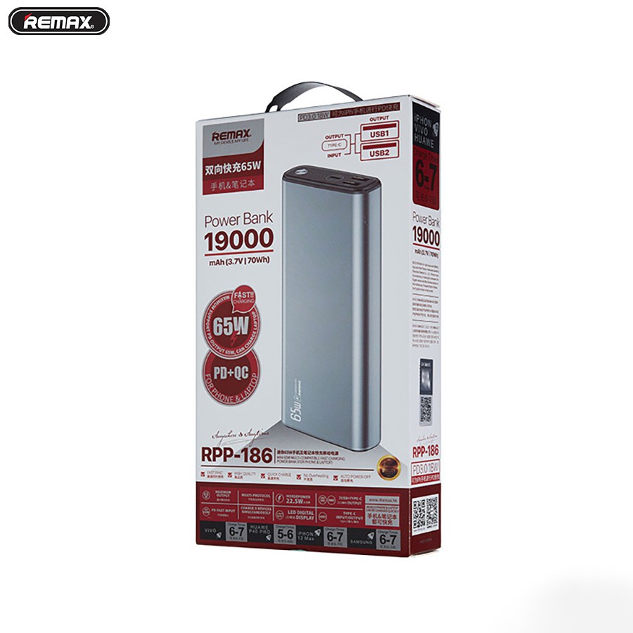 Sạc dự phòng Remax 65W 19000mah RPP186 - Bảo hành 6 tháng