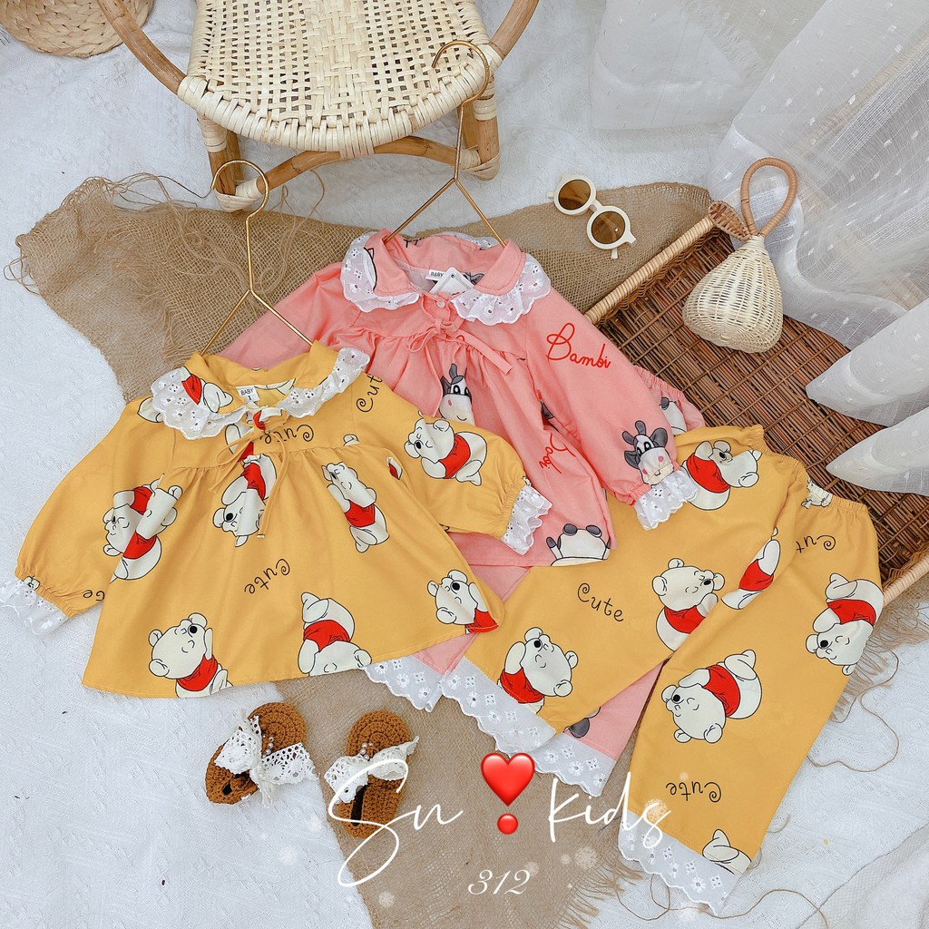 Bộ Pijama dài tay phối ren điệu đà, Họa tiết động vật chất liệu KATE dành cho bé gái từ 10-22kg