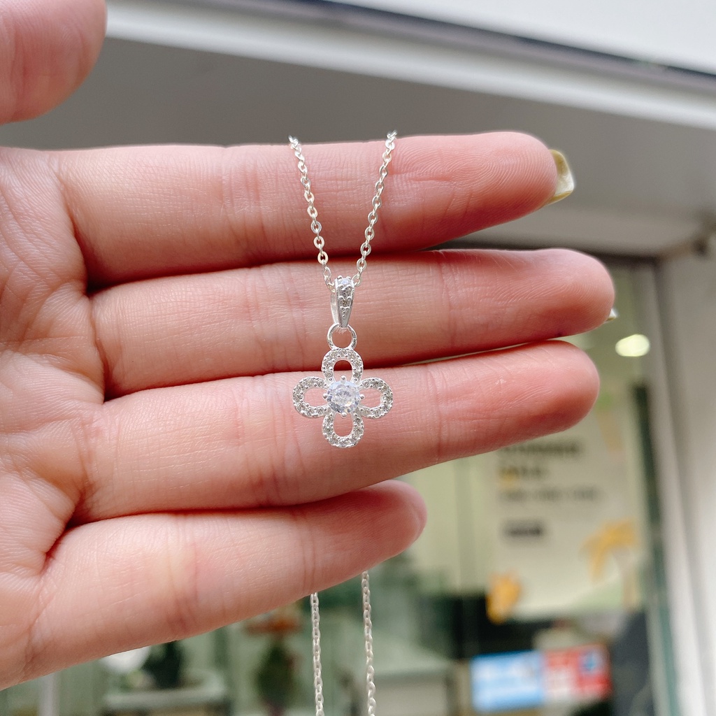 Dây Chuyền Bạc Ta Cao Cấp CaoBac Silver Thiết Kế Hoa Bốn Cánh Ổ Đá Tinh Tế, Thanh Lịch Dành Tặng Riêng Cho Bạn Gái