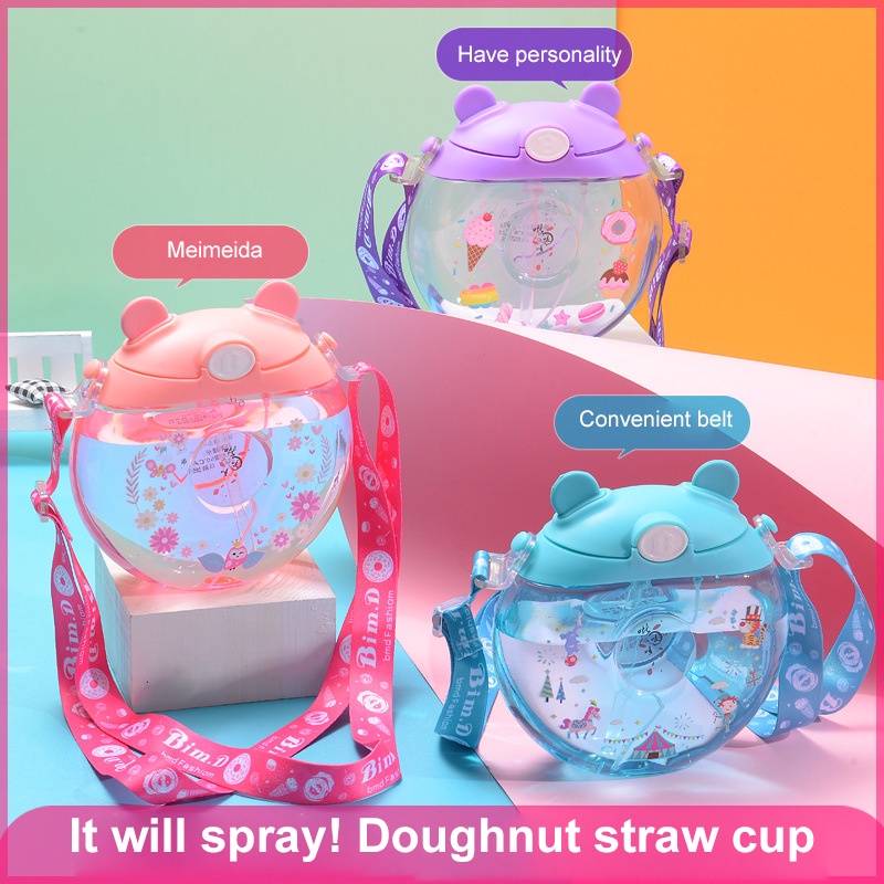 Bình Nước Hình Bánh Donut Thanh Toán Khi Nhận Hàng 500Ml Cốc Nước Cho Trẻ Em Cốc Có Ống Hút Hoạt Hình Cốc Nước Bằng Nhựa Có Miệng Có Dây Đai.