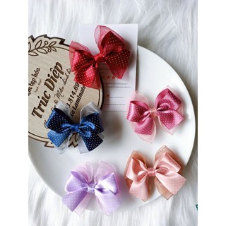 [Handmade] Kẹp tóc gắn nơ voan kết hợp ruy băng chấm bi
