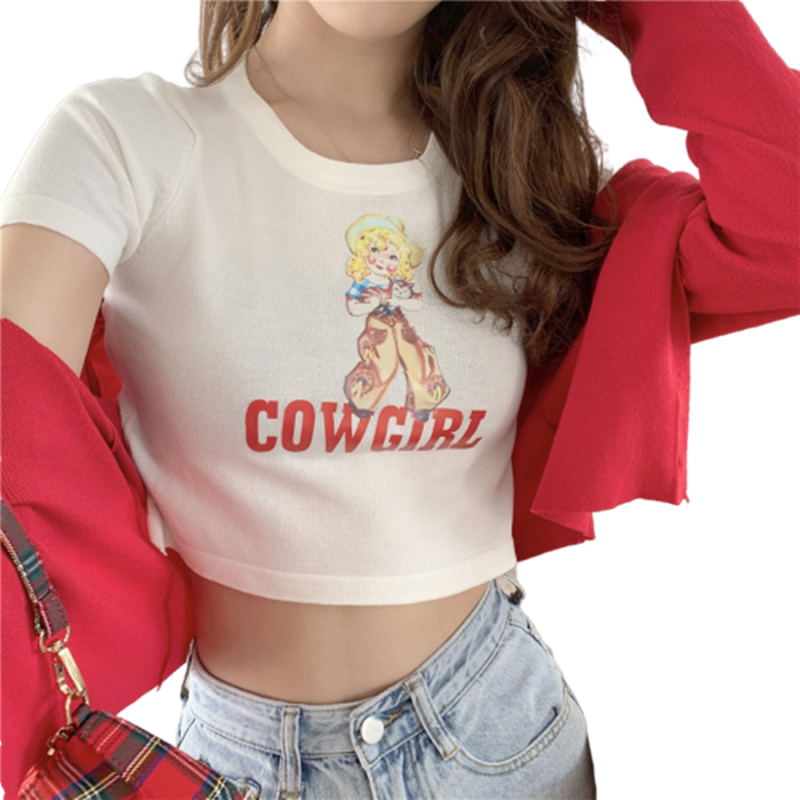 Áo Croptop Tay Ngắn Hoạ Tiết Hoạt Hình Phong Cách Hàn Quốc