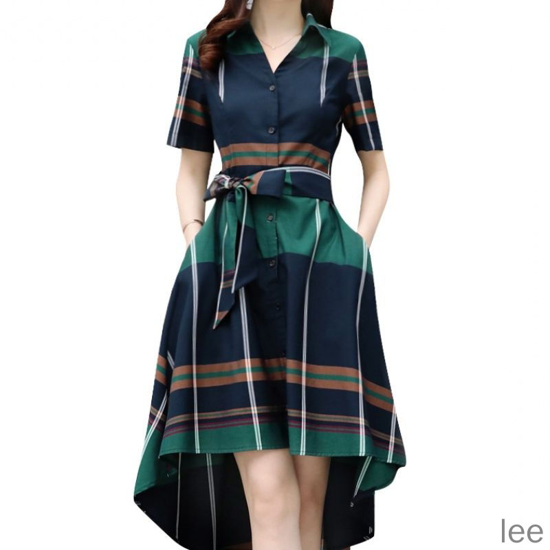 Đầm sơ mi tay ngắn dáng ôm họa tiết sọc caro thời trang xuân hè cho nữ