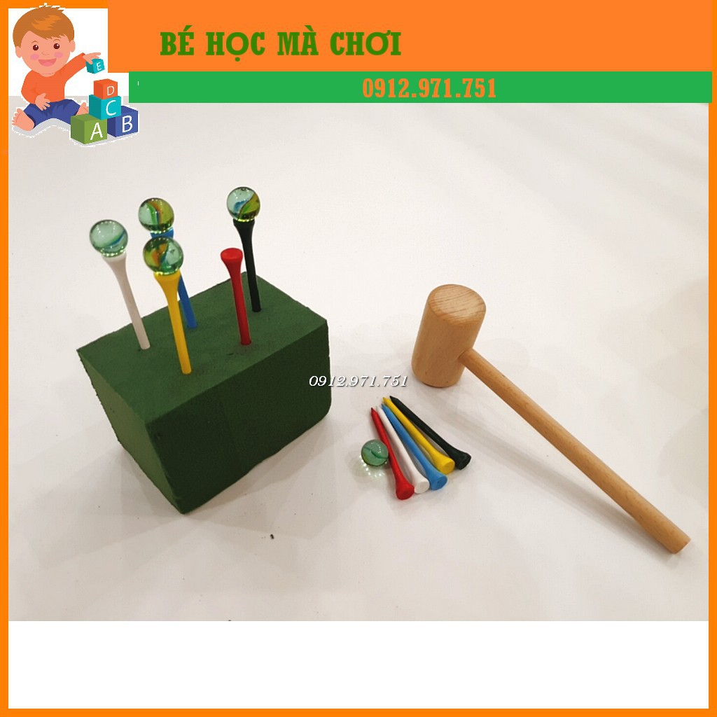 Đồ chơi búa gỗ và đinh gỗ, bi ve cho bé luyện tay Montessori