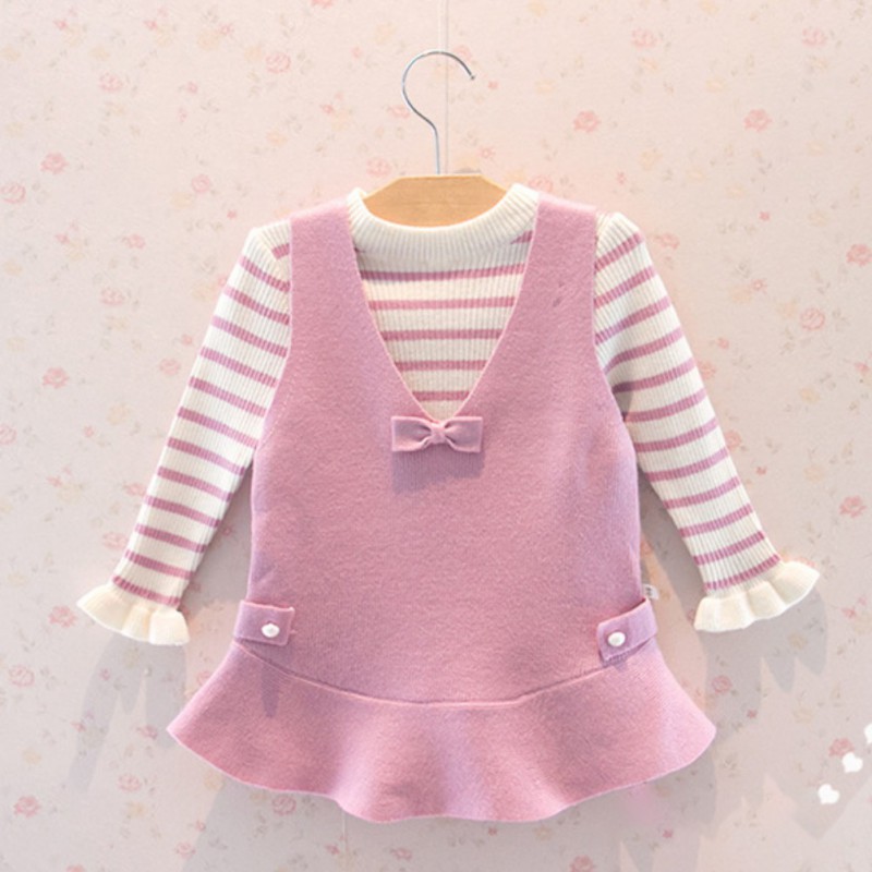 Babyme Autumn Baby Girls Stripe Print Long Flare Sleeve Fake 2 Piece Dress Kids Princess Dresses