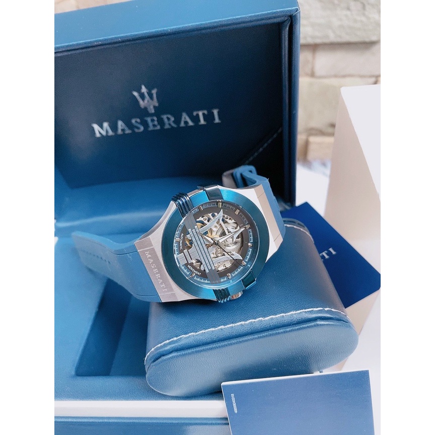 Đồng Hồ Nam Automatic Skeleton Maserati Potenza Dây Cao Su Màu Xanh/Blue Size 42mm , Fullbox
