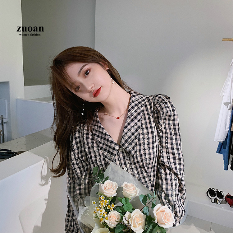 SUXI Áo kiểu tay phồng dài cổ búp bê kẻ sọc ca rô phong cách retro dành cho nữ