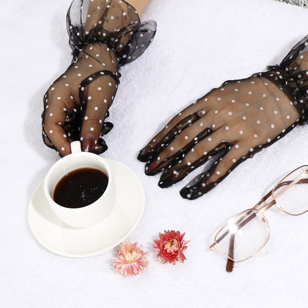 MOILY Sunscreen Tulle Gloves Elastic Dot Printing Mesh Mittens Lotus Leaf Women Sexy Transparentes Full Finger/Multicolor