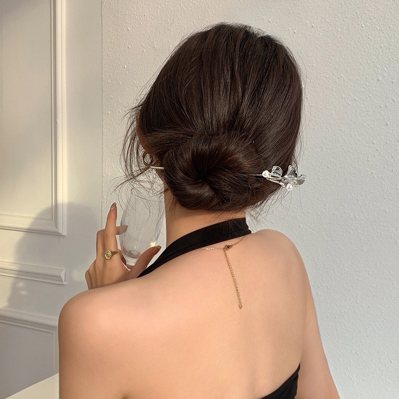 Kẹp Tóc Kim Loại Hình Lá Đính Hạt Giả Ngọc Trai