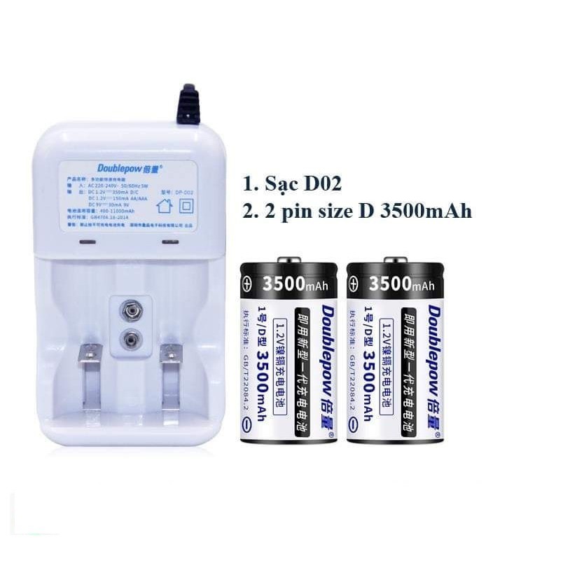 Combo 2 pin size D 3500mAh kèm Sạc Doublepow chất lượng cao. Dùng cho bếp gas, đèn pin, đồng hồ cây, đàn, đài