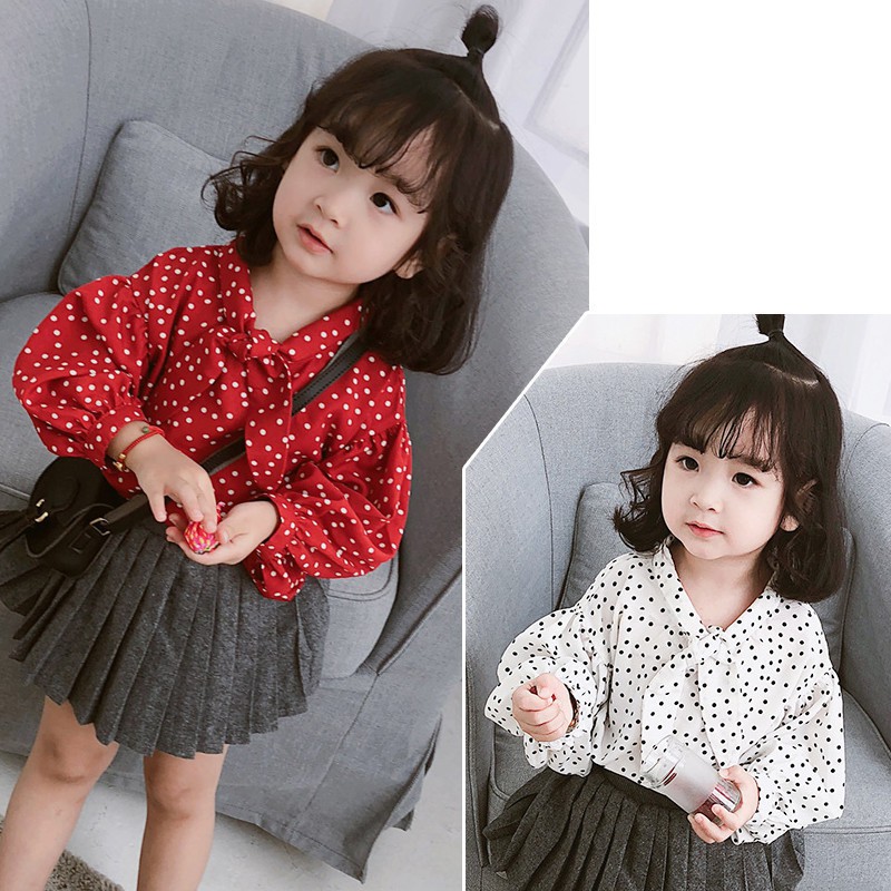 D130 áo sơ mi cho bé gái thời trang xuân thu chấm bi xinh xắn cổ tròn phối nơ tay bồng dài