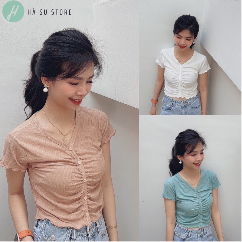 Áo Crotop Kiểu Cổ V Viền Bèo Dáng Ôm, Nhún Cúc Giữa, Chất thun gân cực mát