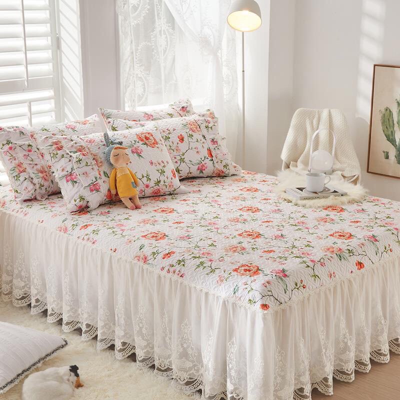 Set ga gối phủ trần bông cotton viền bèo ren 2021 - 3 món tiểu thư - hàng loại 1