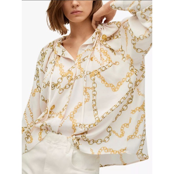 Áo sơ mi lụa hoạ tiết Zara VNXK áo kiểu tay dài chất satin in dây thừng mắt xích couture zr xuất khẩu dư xịn