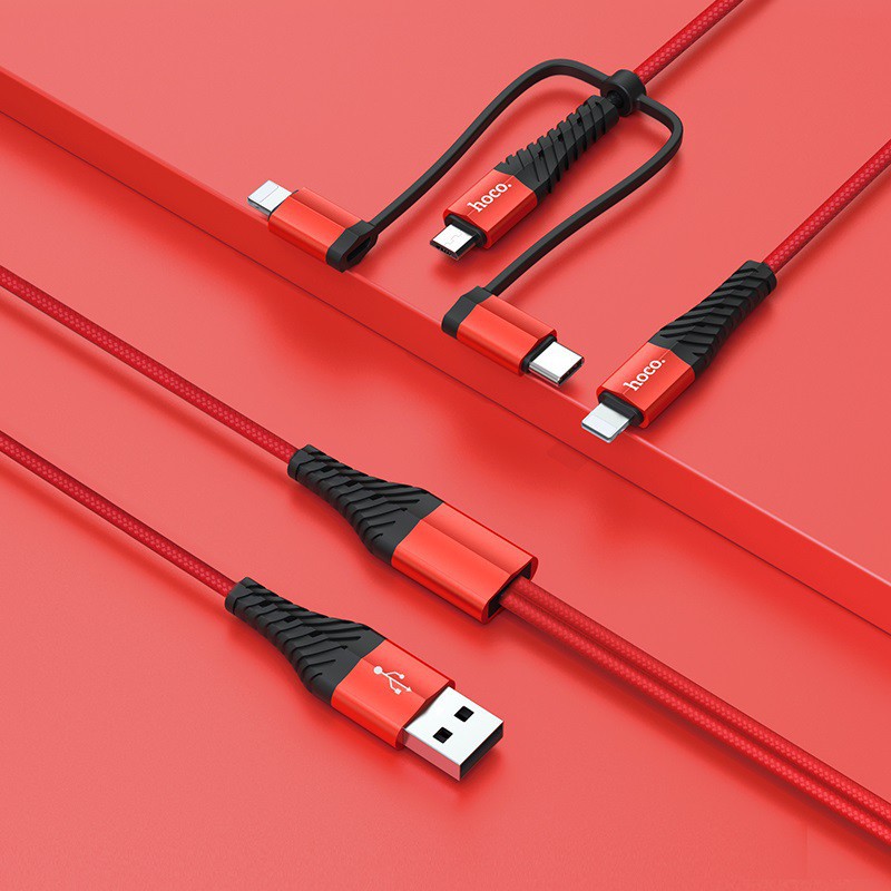 Cáp Sạc Đa Năng 4 Đầu Hoco X38 💎Chống Gãy💎 (2 x Lightning, Micro-USB, Type-C) - Hàng Chính Hãng