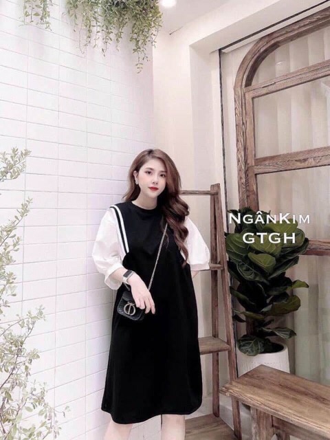 Váy suông tay lỡ phối bo viền chất đũi dáng tiểu thư