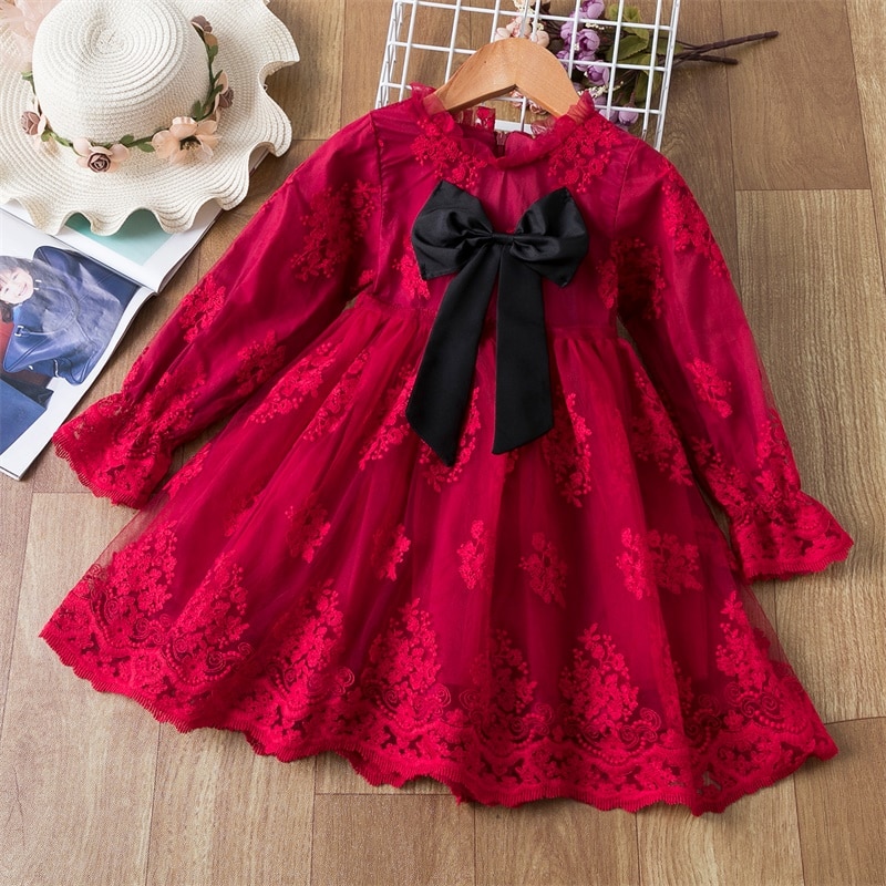Đỏ GIÁNG SINH Bé Gái Váy Đầm Cho Bé Mùa Đông Ren Hoa Tutu Đầm Công Chúa Sinh Nhật Năm Mới Trang Phục Hóa Trang Trẻ Em Qu