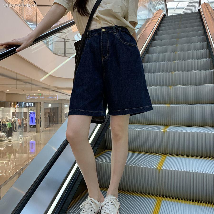 Quần short denim lưng cao ống rộng phong cách thời trang Hồng Kông 2021 cho nữ