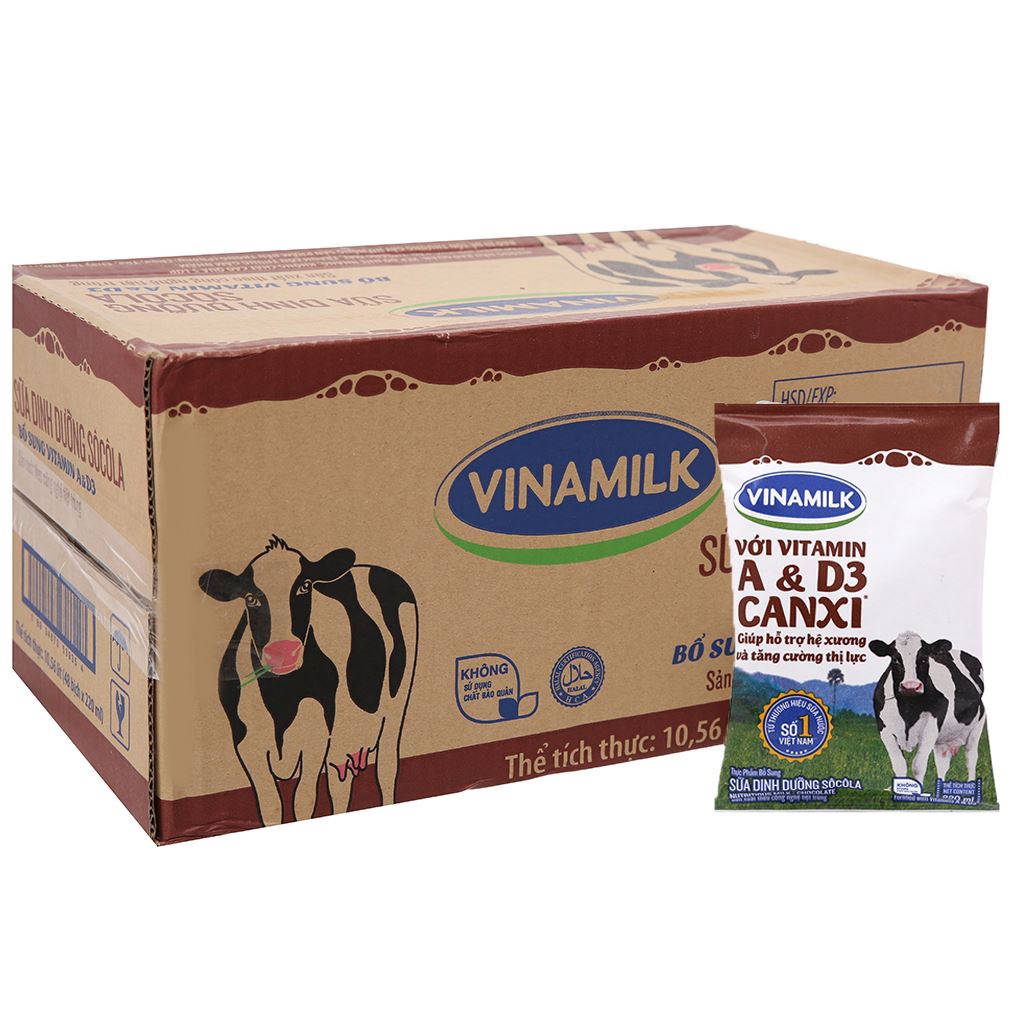 Thùng 48 bịch sữa dinh dưỡng Vinamilk - 220ml (đủ vị: Có đường, Ít đường, Không đường, Dâu, Sô cô la))