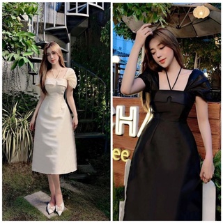 Đầm midi cổ vuông dây cổ rớt vai tay xếp (Mặc được 2 kiểu tay)
