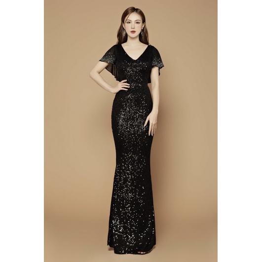 Đầm dạ hội kim sa thun tay choàng cao cấp