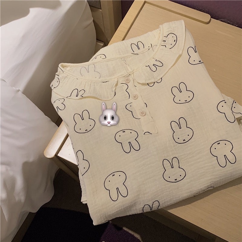 Đầm ngủ tay dài in hình thỏ dễ thương thời trang mùa thu cho nữ