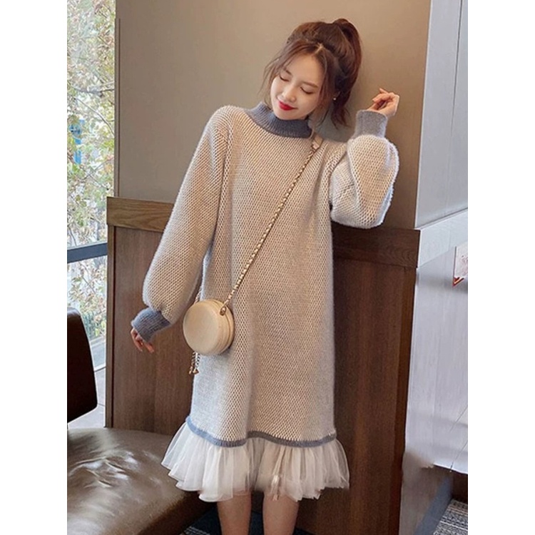 Đầm Tay Dài Cổ Cao Phối Lưới Dày Dặn Ấm Áp Thời Trang Mùa Đông Cho Nữ