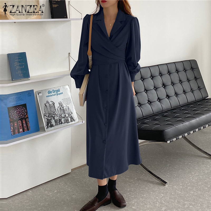 Váy Maxi ZANZEA Tay Phồng Cổ Tim Màu Trơn Kiểu Dáng Thanh Lịch Dành Cho Nữ | BigBuy360 - bigbuy360.vn