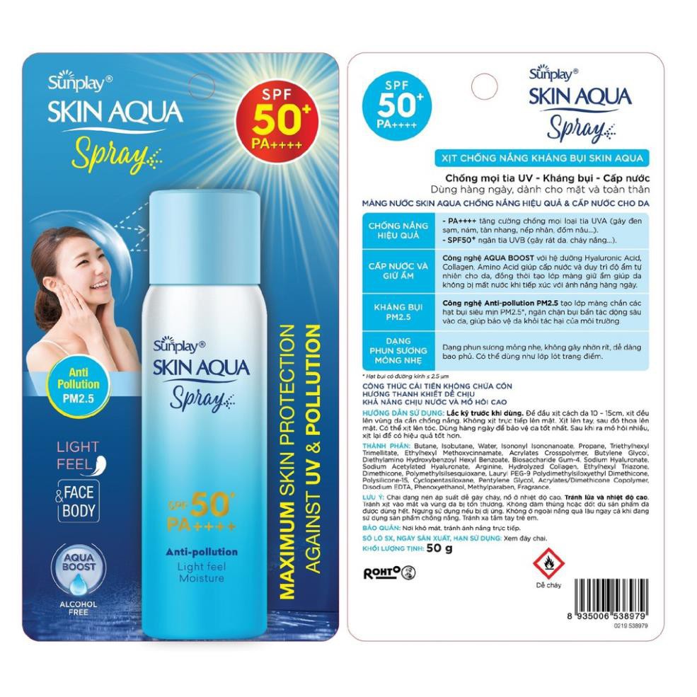 Xịt Chống Nắng Kháng Bụi Sunplay Skin Aqua Anti Pollution Spray SPF50+ Pa++++ 50g kèm quà tặng