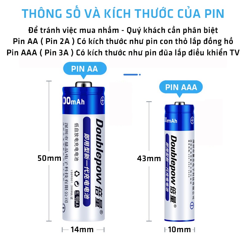 Pin sạc AAA 1250mAh Doublepow Sạc Lại 1200 Lần An Toàn  - Chính Hãng