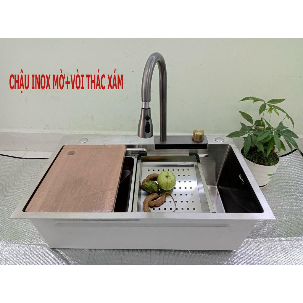(CHẬU+VÒI) Chậu Rửa Chén Bát 1 hộc CAO CẤP VÀ VÒI RÚT HIỆN ĐẠI N20 7546 chậu có KHAY VÀ THỚT và 1 cái rổ sàng và xả