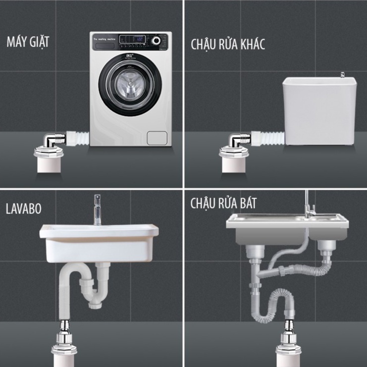 Bộ đầu xả máy giặt chống tràn, đầu xả thoát nước thải, lắp thoát nước sàn, ngăn mùi hình chữ L